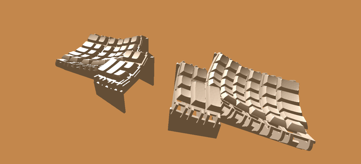 A 3D rendering of the assembled dactyl-flatpacked keyboard with keycaps added to better demonstrate how the 2D pieces create a concave keywell structure.