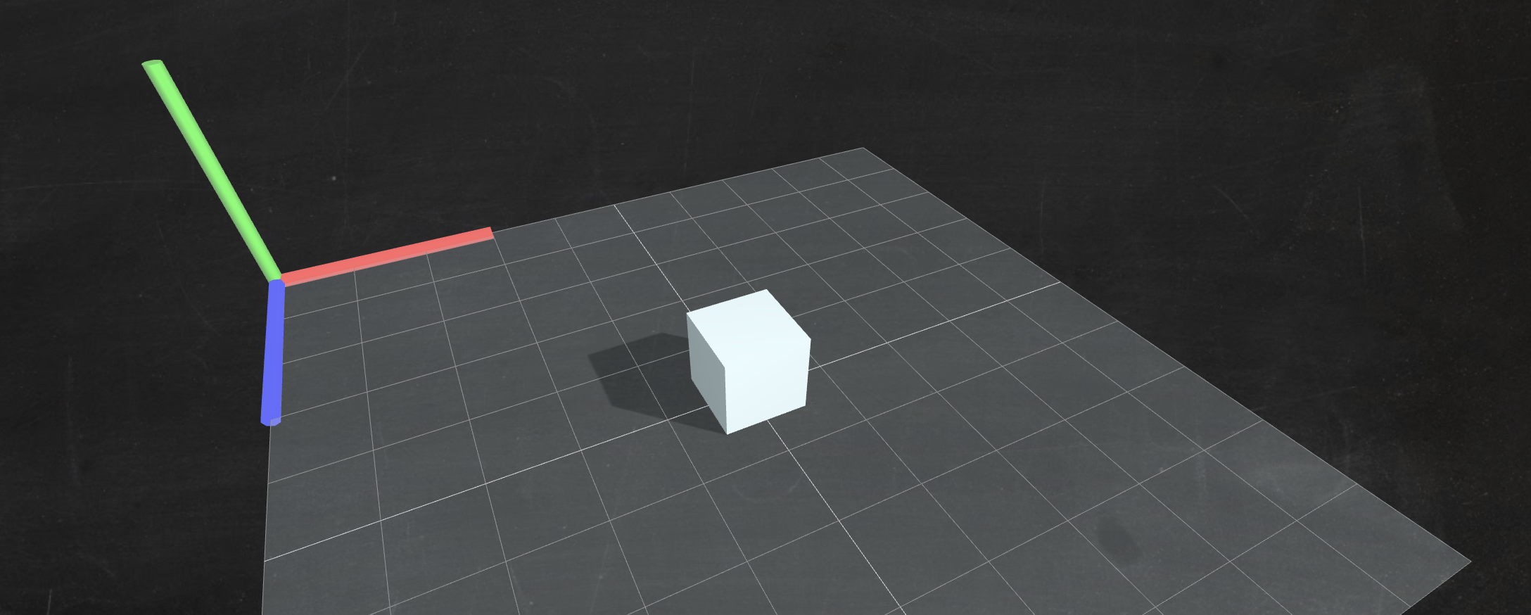 The introductory slide of a presentation about threejs animation, depicting a shaded gray cube on a plane with cartesian axes off to the side.